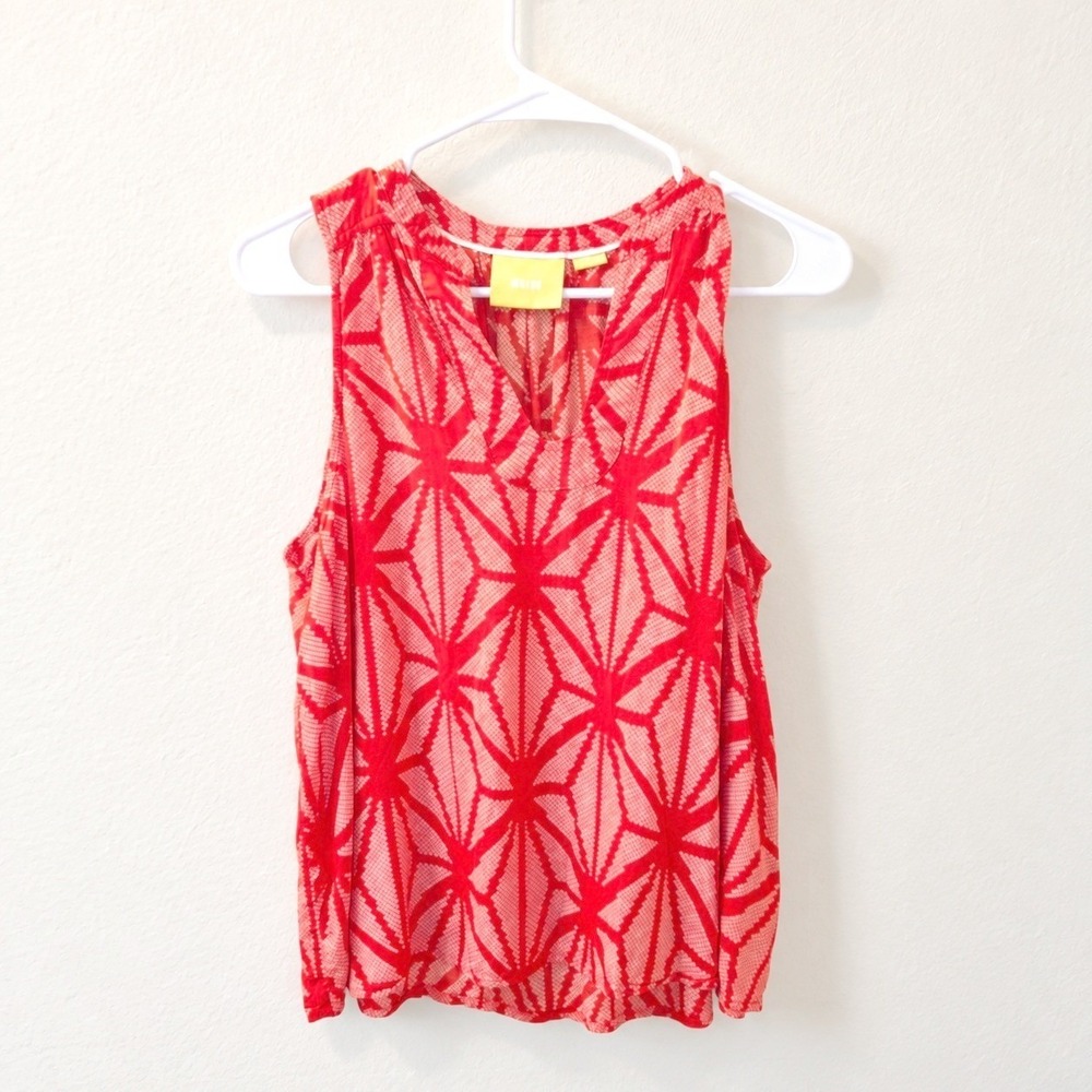 Maeve Tank Top Womens 8 Red Geometric Starburst Split V-Neck Sleeveless Blouse